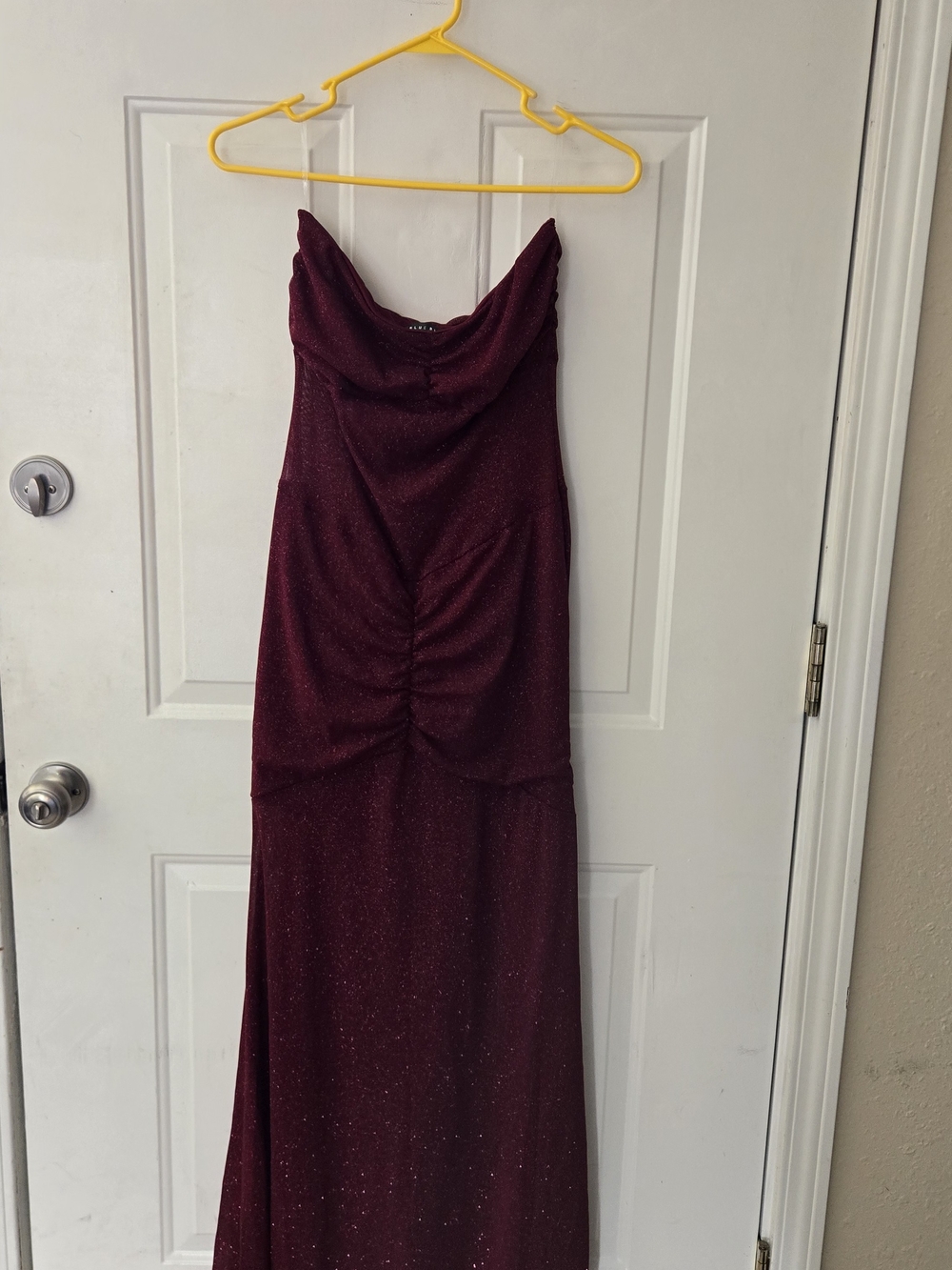 Blue Blush Strapless Sparkle Burgundy Evening Gown